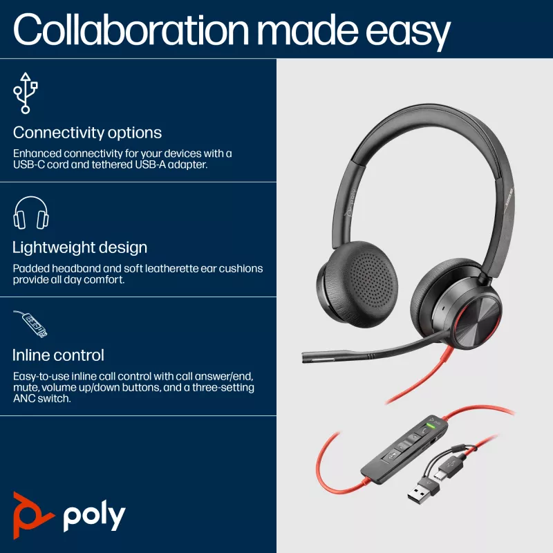 HP Poly Czarnywire 8225 USB-C Headset, Wired, Office/Call center, 185 g, Headset, Czarny