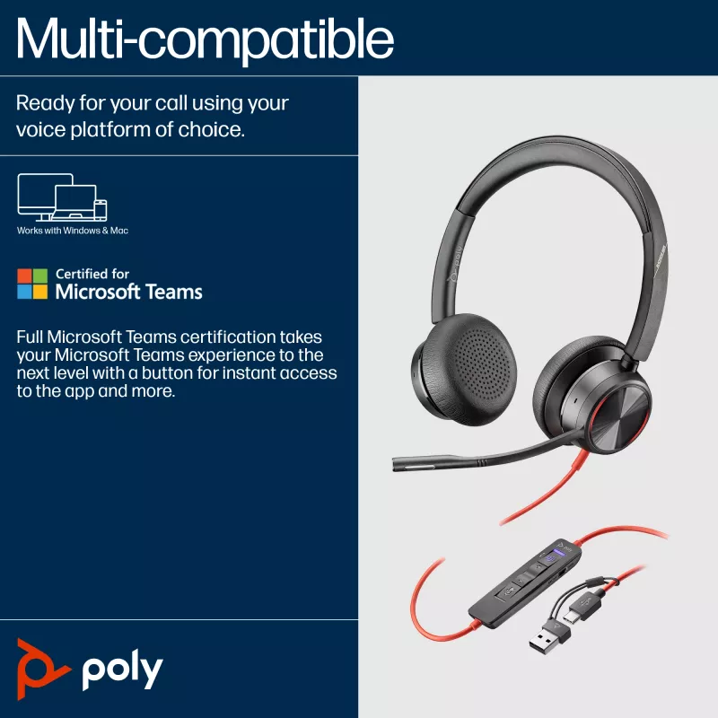 HP Poly Czarnywire 8225 USB-C Headset, Wired, Office/Call center, 185 g, Headset, Czarny