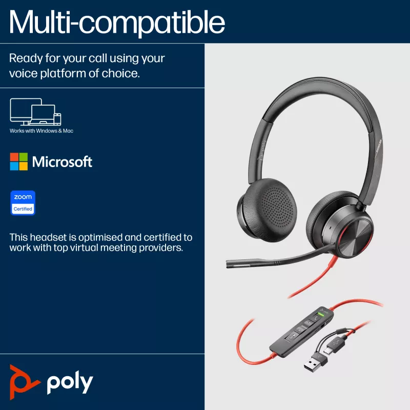 HP Poly Czarnywire 8225 USB-C Headset, Wired, Office/Call center, 185 g, Headset, Czarny