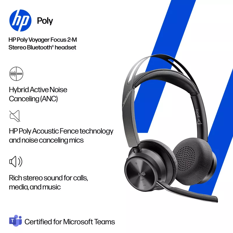 HP Poly Voyager Focus 2-M USB-C-C Zestaw słuchawkowy Adapter USB-C/A Poly+ 3 lata