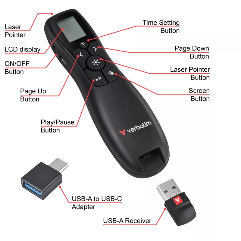 Verbatim Keynote Prezenter bezprzewodowy z wyświetlaczem LCD, RF, USB, 30 m, Czarny