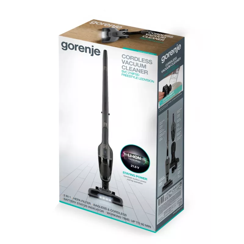 Gorenje SVC216FGD odkurzacz pionowy 2w1, zasilany baterią, suchy, HEPA, czarny