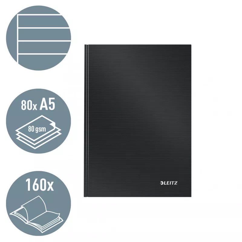 Leitz Notebook Solid Hardcover A5 Liniowany 90 gram 80 kartek, Monochromatyczny, Czarny, A5, 80 kartek, Błyszczący, 80 g/m²