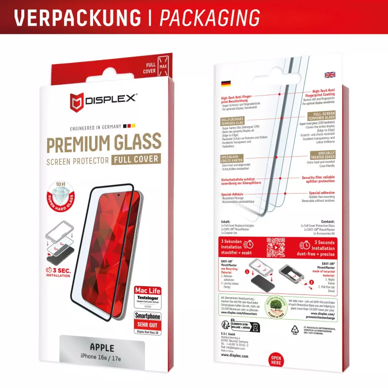 Szkło hartowane na ekran e.v.i. Displex Premium (Full osłona, 10H) do Apple iPhone 16e/17e