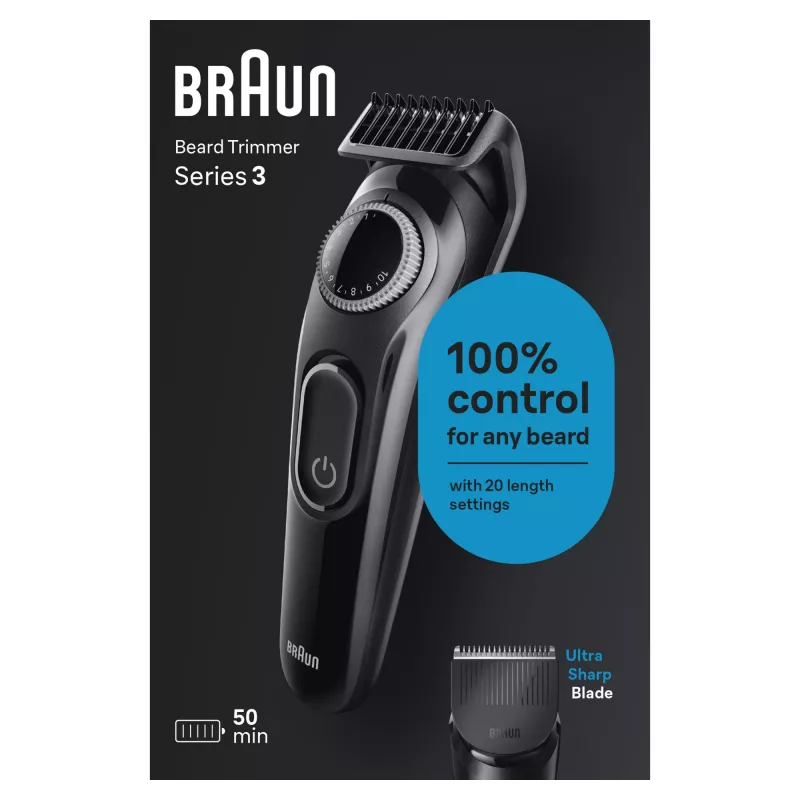 Braun BeardTrimmer 3 Beard Trm 3 BT3400, zmywalny, zasilany bateriami, czarny