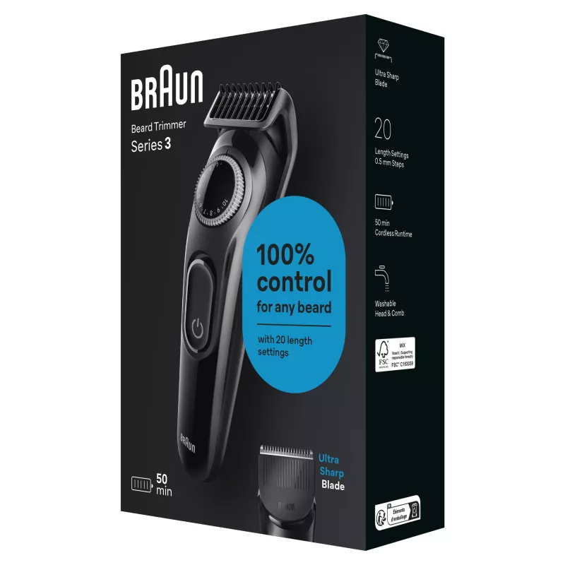 Braun BeardTrimmer 3 Beard Trm 3 BT3400, zmywalny, zasilany bateriami, czarny