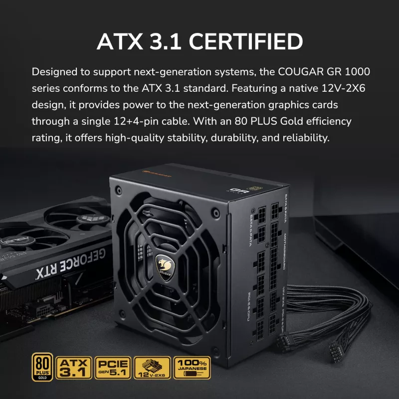 Zasilacz COUGAR GR 1000W ATX3.1 PCIE 5.1 80 PLUS Gold, 1000 W, 20+4 pin ATX, wentylator 120 mm