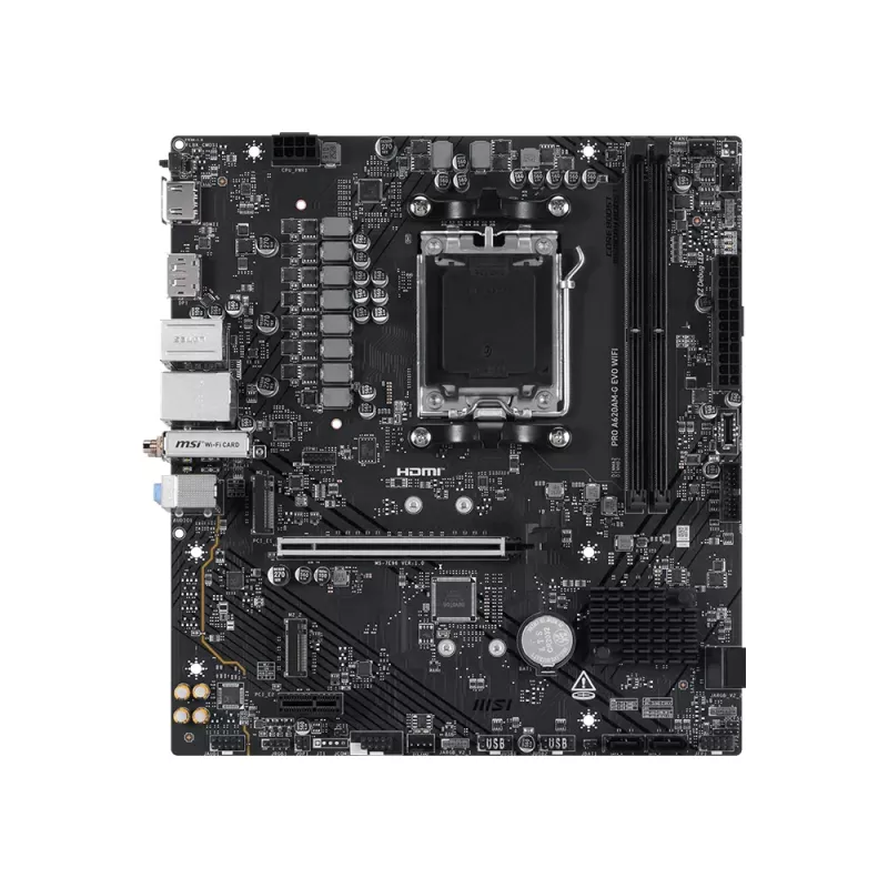 Płyta główna MSI Pro A620AM-G EVO WIFI — układ AMD A620A, gniazdo AM5, micro ATX, DDR5, 2 gniazda pamięci, Wi‑Fi 6E, Ethernet 2.5Gb