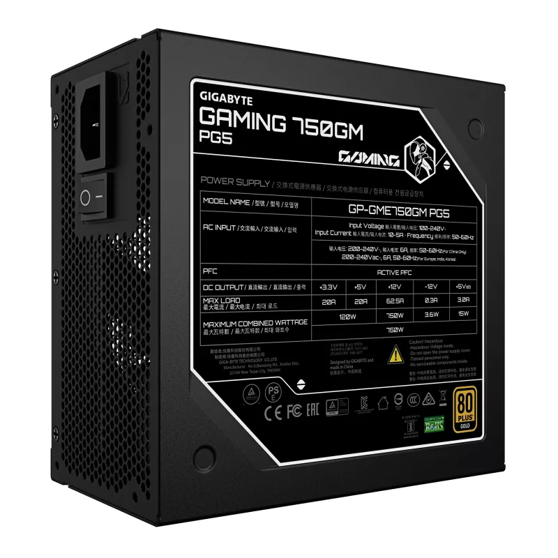 GIGABYTE GAMING 750GM PG5 Zasilacz - PCIe 5.1, 80 PLUS Gold, w pełni modułowa konstrukcja, wentylator 135 mm, kompatybilny z ATX 3.1, wtyczka EU