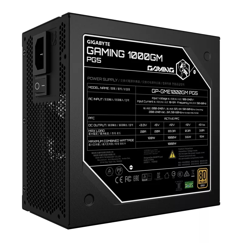 GIGABYTE GAMING 1000GM PG5 Zasilacz – PCIe 5.1, 80 PLUS Gold, w pełni modułowy, wentylator 135 mm, kompatybilny z ATX 3.1, wtyczka EU
