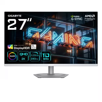 GIGABYTE MO27Q2A ICE 27‑calowy monitor do gier QD‑OLED — 2560×1440, 280 Hz, 0,03 ms, 250 cd/m², HDMI 2.1, DisplayPort 1.4
