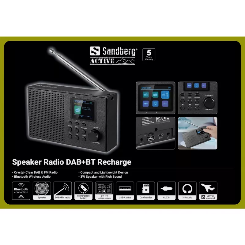 Sandberg Speaker Radio DAB+BT Recharge, przenośny, analogowe i cyfrowe, DAB+, FM, 87,5 - 108 MHz, 174 - 240 MHz, 3 W
