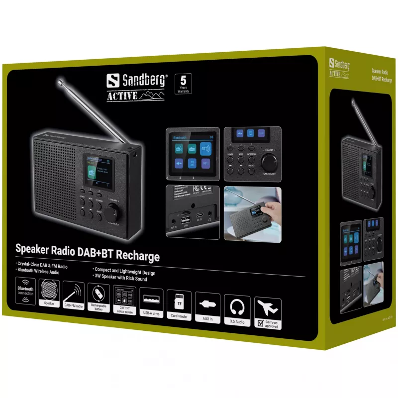 Sandberg Speaker Radio DAB+BT Recharge, przenośny, analogowe i cyfrowe, DAB+, FM, 87,5 - 108 MHz, 174 - 240 MHz, 3 W
