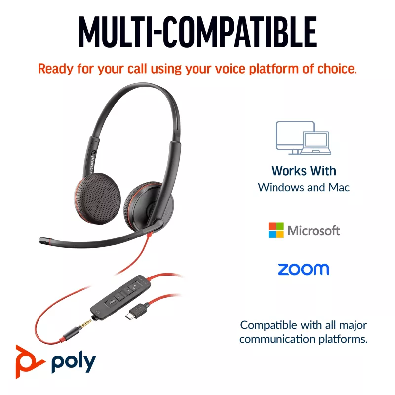 HP Poly Czarnywire 3225 Stereofoniczny zestaw słuchawkowy USB-C + wtyk 3,5 mm + adapter USB-C/A (bulk)
