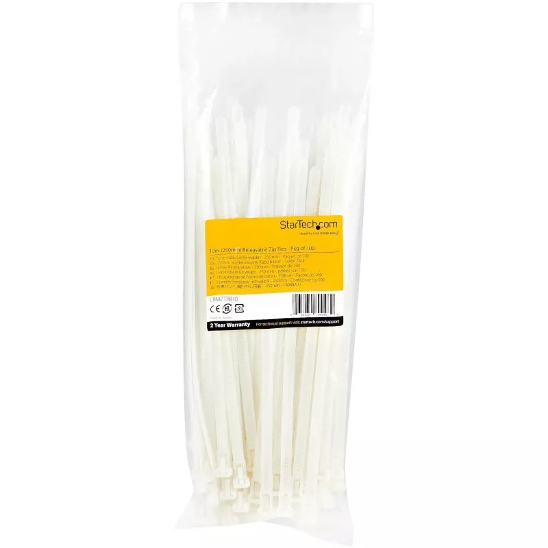 StarTech.com 10 cali (25 cm) opaski zaciskowe wielokrotnego użytku – szerokość 1/4 cala (7 mm), średnica wiązki 2-1/2 cala (65 mm), wytrzymałość na rozciąganie 50 funtów (22 kg), opaski nylonowe zwalniane, wewnątrz/na zewnątrz, 94V-2/UL Listed, 100 sztuk – białe