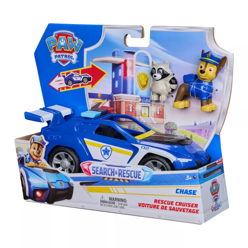 PAW Patrol: Search & Rescue, Chase Rescue Cruiser Pojazd z 2 Figurkami, Samochód Policyjny z Akcją Pull-Back, Zabawki dla Dzieci Chłopców i Dziewczynek od 3 Lat