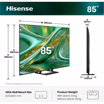 Hisense 85E8S 85-calowy telewizor ULED 4K Mini LED Smart TV, 3840×2160, 400 cd/m², Wi‑Fi, HomeOS (Szary)