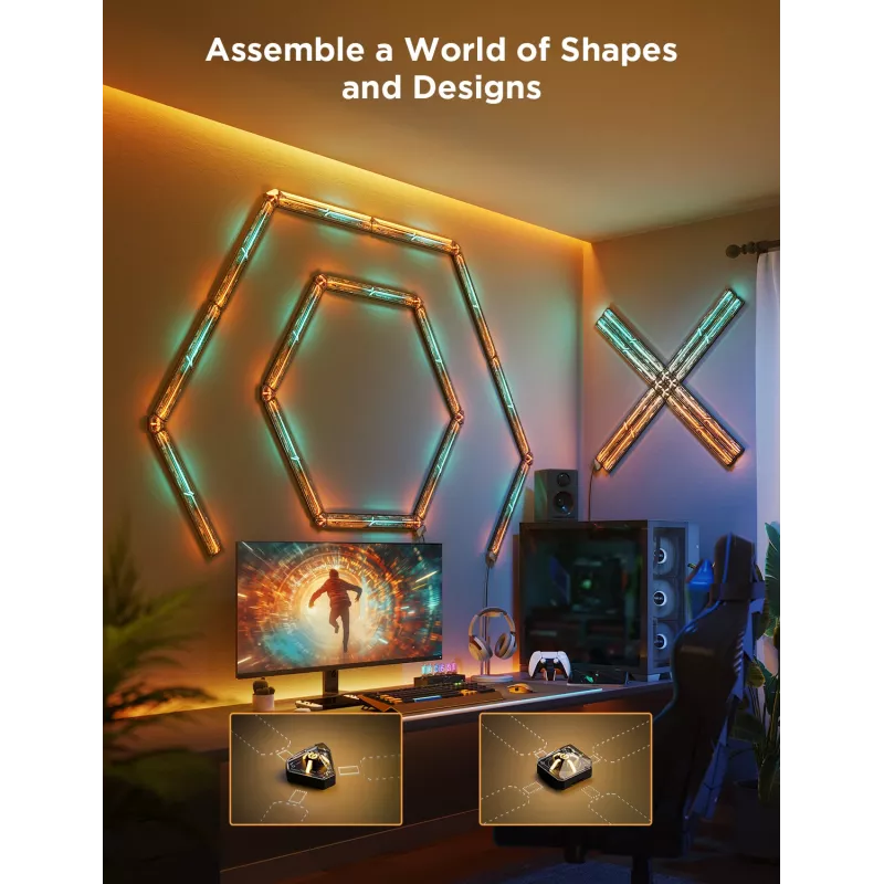 Zestaw rozszerzający Smart Gaming Wall Light Govee H10630A5 — 2 tuby z łącznikami kwadratowym i trójkątnym, Wi‑Fi/Bluetooth, wejście 36 V