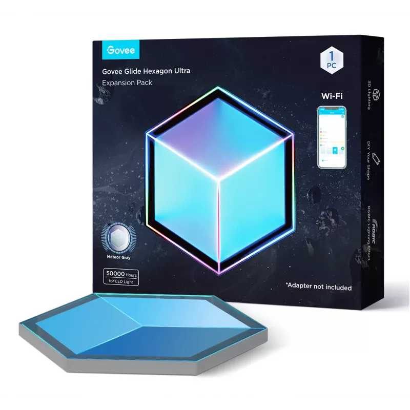 Inteligentna lampa ścienna Govee Glide Hexagon Light Panels Ultra zestaw rozszerzający — Wi‑Fi/Bluetooth, wejście 36V, szary