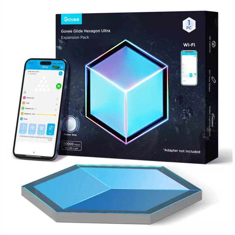 Inteligentna lampa ścienna Govee Glide Hexagon Light Panels Ultra zestaw rozszerzający — Wi‑Fi/Bluetooth, wejście 36V, szary