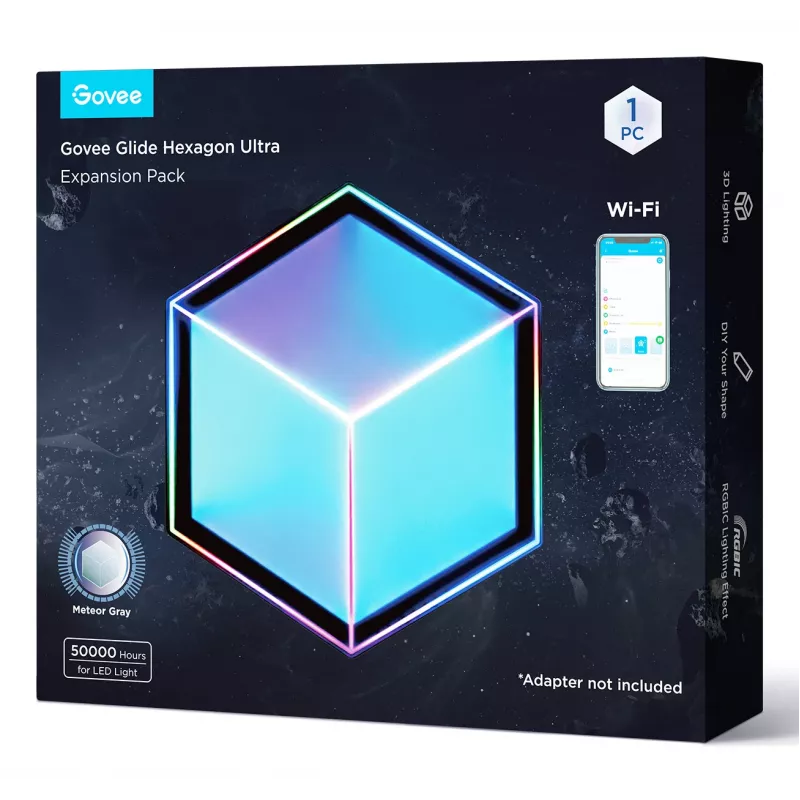 Inteligentna lampa ścienna Govee Glide Hexagon Light Panels Ultra zestaw rozszerzający — Wi‑Fi/Bluetooth, wejście 36V, szary