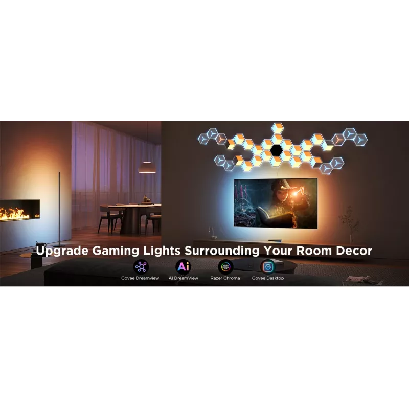 Inteligentna lampa ścienna Govee Glide Hexagon Light Panels Ultra zestaw rozszerzający — Wi‑Fi/Bluetooth, wejście 36V, szary