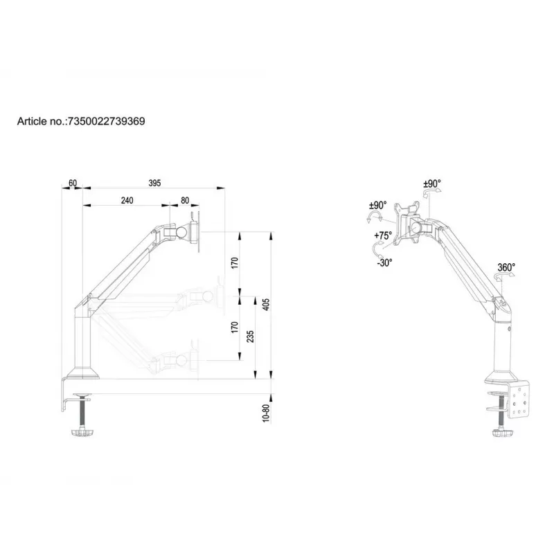 Multibrackets M VESA Gas Lift Arm biurko lub ściana Basic czarny zacisk/przelotowy 10 kg