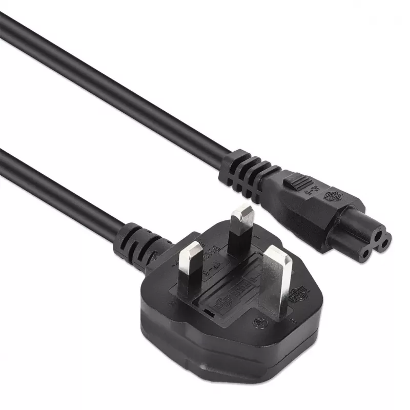 Manhattan Mains Power Cord/kabel, UK 3-pin plug to C5 Female (cloverleaf/triangular), 1.8m, 16A, Lead, Lifetime Warranty