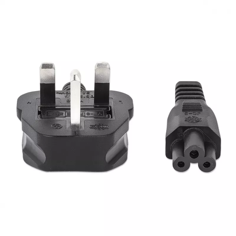 Manhattan Mains Power Cord/kabel, UK 3-pin plug to C5 Female (cloverleaf/triangular), 1.8m, 16A, Lead, Lifetime Warranty