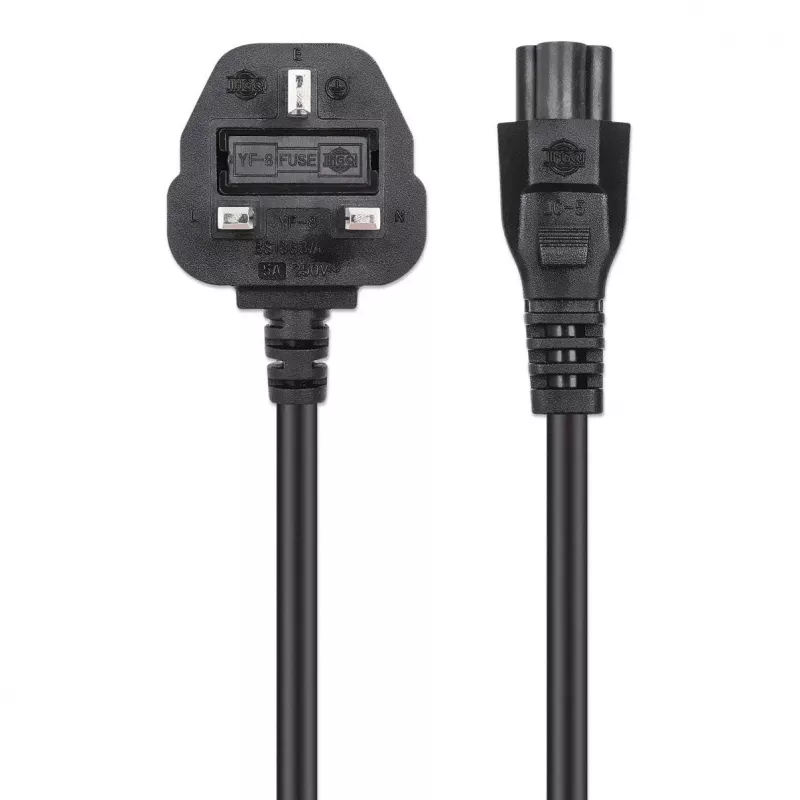 Manhattan Mains Power Cord/kabel, UK 3-pin plug to C5 Female (cloverleaf/triangular), 1.8m, 16A, Lead, Lifetime Warranty