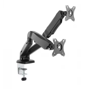 Manhattan Dual Desk Mount dla telewizorów i monitorów (sprężyna gazowa, pełny zakres ruchu), Do ekranów od 10 cali do 27 cali, Montaż zaciskowy lub przez przelotkę, Kompatybilność VESA: 75x75 i 100x100 mm - sprawdź wymiary czterech otworów montażowych z tyłu ekranu, aby upewnić się, że pasuje, Maks. 9 kg (każdy), Uchwyt