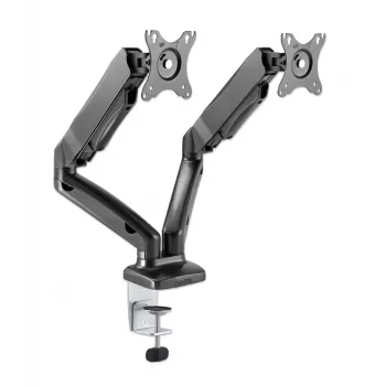 Manhattan Dual Desk Mount dla telewizorów i monitorów (sprężyna gazowa, pełny zakres ruchu), Do ekranów od 10 cali do 27 cali, Montaż zaciskowy lub przez przelotkę, Kompatybilność VESA: 75x75 i 100x100 mm - sprawdź wymiary czterech otworów montażowych z tyłu ekranu, aby upewnić się, że pasuje, Maks. 9 kg (każdy), Uchwyt