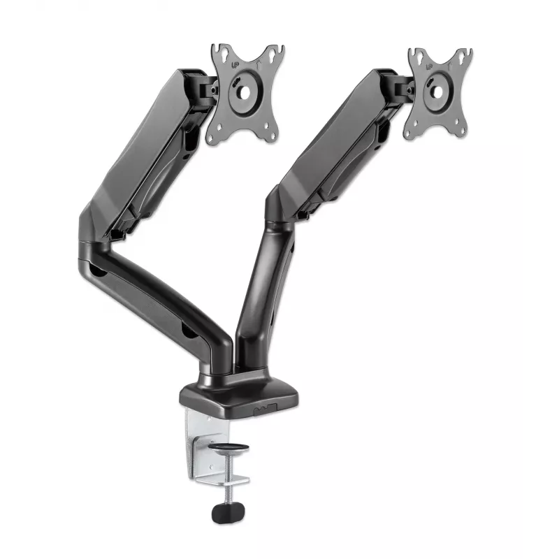 Manhattan Dual Desk Mount dla telewizorów i monitorów (sprężyna gazowa, pełny zakres ruchu), Do ekranów od 10 cali do 27 cali, Montaż zaciskowy lub przez przelotkę, Kompatybilność VESA: 75x75 i 100x100 mm - sprawdź wymiary czterech otworów montażowych z tyłu ekranu, aby upewnić się, że pasuje, Maks. 9 kg (każdy), Uchwyt