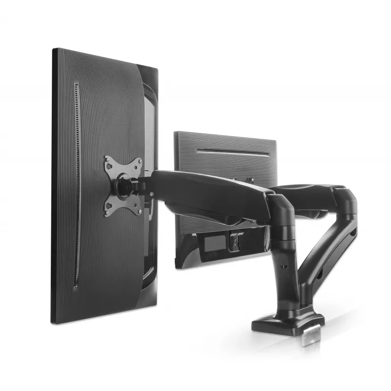 Manhattan Dual Desk Mount dla telewizorów i monitorów (sprężyna gazowa, pełny zakres ruchu), Do ekranów od 10 cali do 27 cali, Montaż zaciskowy lub przez przelotkę, Kompatybilność VESA: 75x75 i 100x100 mm - sprawdź wymiary czterech otworów montażowych z tyłu ekranu, aby upewnić się, że pasuje, Maks. 9 kg (każdy), Uchwyt