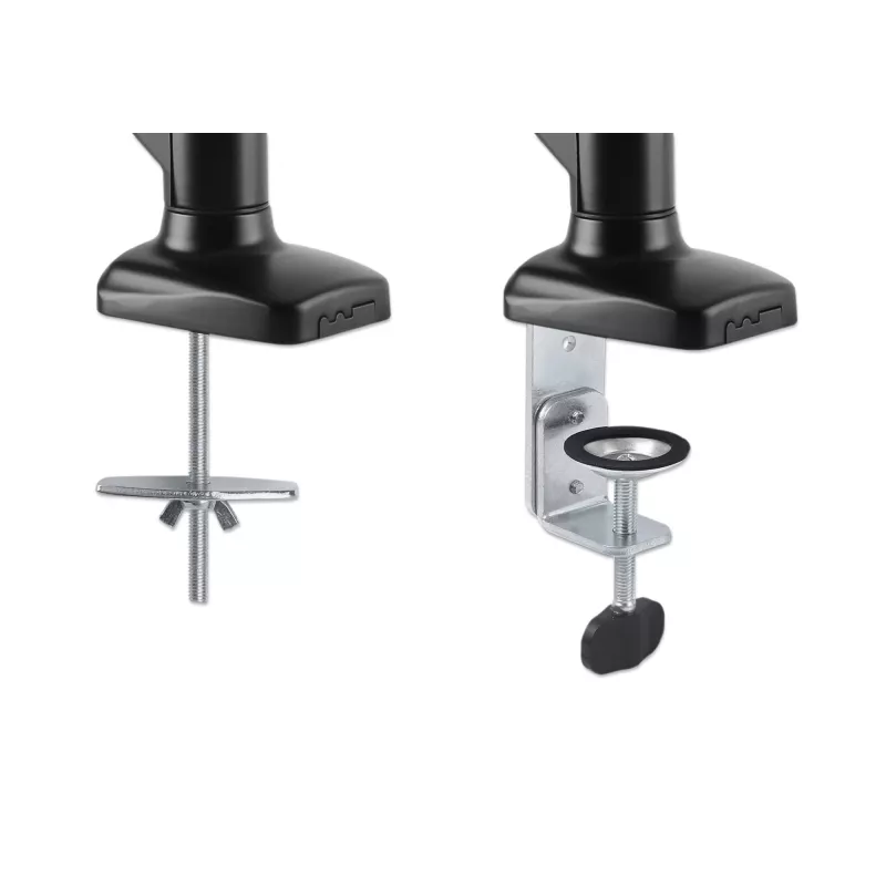 Manhattan Dual Desk Mount dla telewizorów i monitorów (sprężyna gazowa, pełny zakres ruchu), Do ekranów od 10 cali do 27 cali, Montaż zaciskowy lub przez przelotkę, Kompatybilność VESA: 75x75 i 100x100 mm - sprawdź wymiary czterech otworów montażowych z tyłu ekranu, aby upewnić się, że pasuje, Maks. 9 kg (każdy), Uchwyt