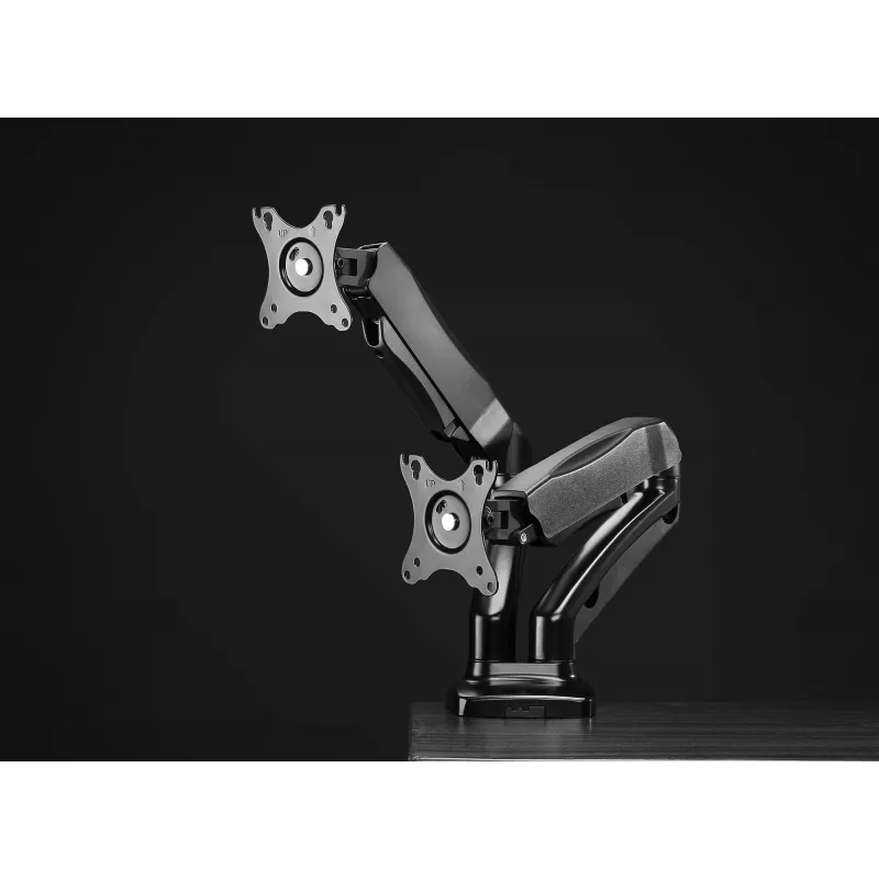 Manhattan Dual Desk Mount dla telewizorów i monitorów (sprężyna gazowa, pełny zakres ruchu), Do ekranów od 10 cali do 27 cali, Montaż zaciskowy lub przez przelotkę, Kompatybilność VESA: 75x75 i 100x100 mm - sprawdź wymiary czterech otworów montażowych z tyłu ekranu, aby upewnić się, że pasuje, Maks. 9 kg (każdy), Uchwyt