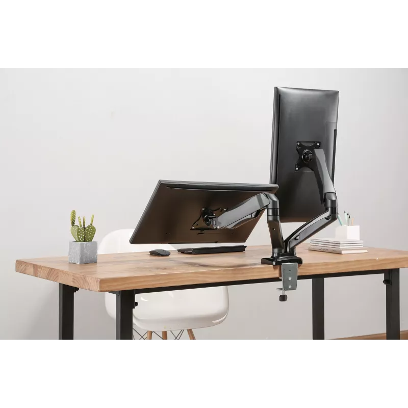 Manhattan Dual Desk Mount dla telewizorów i monitorów (sprężyna gazowa, pełny zakres ruchu), Do ekranów od 10 cali do 27 cali, Montaż zaciskowy lub przez przelotkę, Kompatybilność VESA: 75x75 i 100x100 mm - sprawdź wymiary czterech otworów montażowych z tyłu ekranu, aby upewnić się, że pasuje, Maks. 9 kg (każdy), Uchwyt