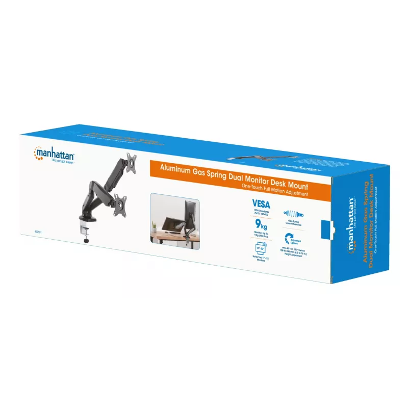 Manhattan Dual Desk Mount dla telewizorów i monitorów (sprężyna gazowa, pełny zakres ruchu), Do ekranów od 10 cali do 27 cali, Montaż zaciskowy lub przez przelotkę, Kompatybilność VESA: 75x75 i 100x100 mm - sprawdź wymiary czterech otworów montażowych z tyłu ekranu, aby upewnić się, że pasuje, Maks. 9 kg (każdy), Uchwyt