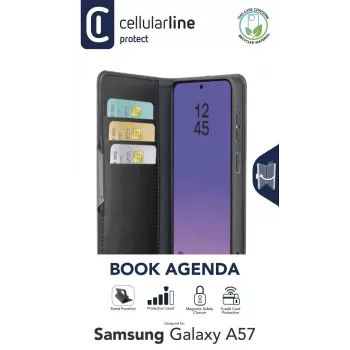 Cellularline Book Agenda 2 - Galaxy A57 etui książkowe z ekoskóry z zamknięciem magnetycznym, funkcją podstawki i ochroną RFID/NFC dla kart zbliżeniowych.