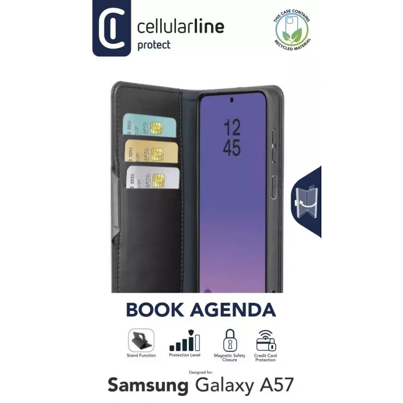 Cellularline Book Agenda 2 - Galaxy A57 etui książkowe z ekoskóry z zamknięciem magnetycznym, funkcją podstawki i ochroną RFID/NFC dla kart zbliżeniowych.