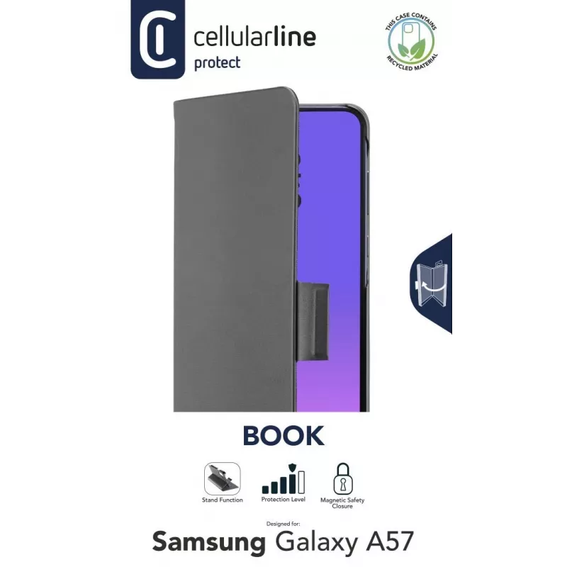 Cellularline Book - etui książkowe Galaxy A57 z kieszenią na kartę, zamknięciem magnetycznym i pełnym dostępem do przycisków i złączy.