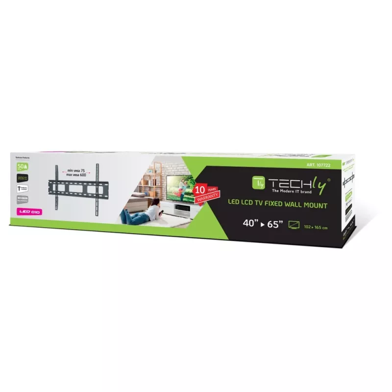 Uchwyt ścienny Techly do ultracienkich telewizorów LED LCD 40-65'', 101,6 cm (40 cali), 165,1 cm (65 cali), 100 x 100 mm, 600 x 400 mm, metalowy, czarny