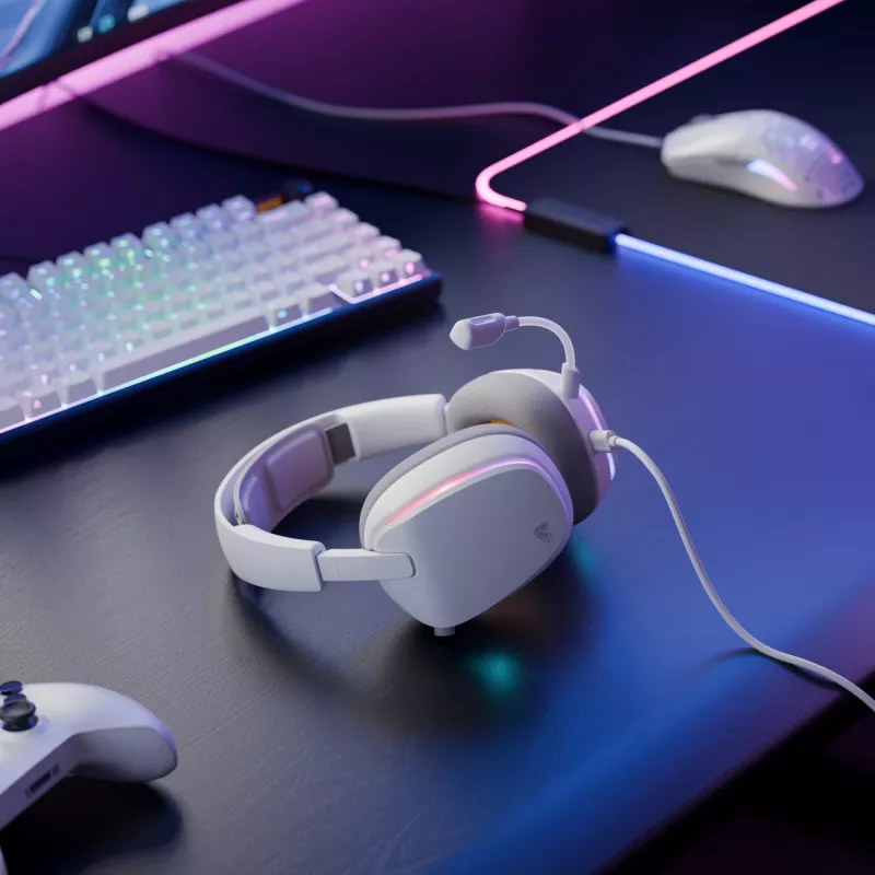 Glorious Gaming Glorious GHS Eternal RGB - Stereofoniczny zestaw słuchawkowy RGB do gier na PC, PS5, PS4, Switch - niestandardowo dostrojone skośne przetworniki, regulowany, krystalicznie czysty odłączany mikrofon, USB-C - wytrzymały, całodniowy i całonocny komfort - biały