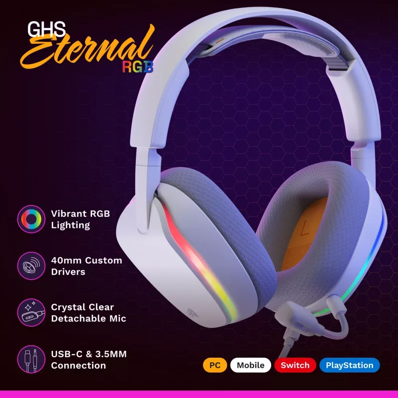 Glorious Gaming Glorious GHS Eternal RGB - Stereofoniczny zestaw słuchawkowy RGB do gier na PC, PS5, PS4, Switch - niestandardowo dostrojone skośne przetworniki, regulowany, krystalicznie czysty odłączany mikrofon, USB-C - wytrzymały, całodniowy i całonocny komfort - biały