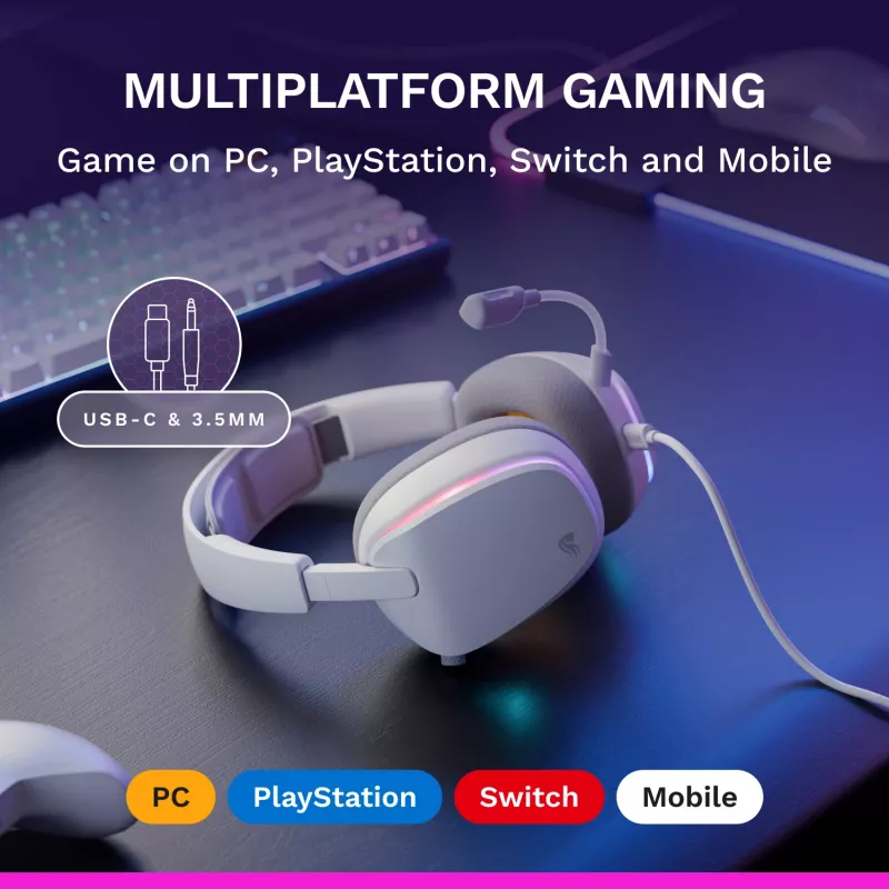 Glorious Gaming Glorious GHS Eternal RGB - Stereofoniczny zestaw słuchawkowy RGB do gier na PC, PS5, PS4, Switch - niestandardowo dostrojone skośne przetworniki, regulowany, krystalicznie czysty odłączany mikrofon, USB-C - wytrzymały, całodniowy i całonocny komfort - biały