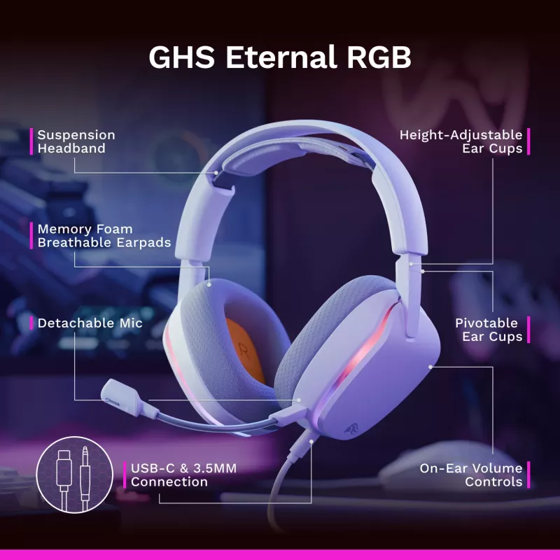 Glorious Gaming Glorious GHS Eternal RGB - Stereofoniczny zestaw słuchawkowy RGB do gier na PC, PS5, PS4, Switch - niestandardowo dostrojone skośne przetworniki, regulowany, krystalicznie czysty odłączany mikrofon, USB-C - wytrzymały, całodniowy i całonocny komfort - biały