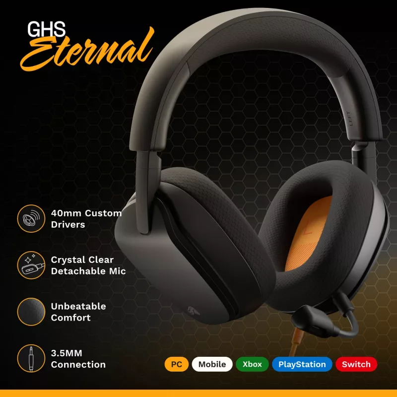 Glorious Gaming Glorious GHS Eternal - Stereofoniczny zestaw słuchawkowy dla graczy na PC, PS5, PS4, Xbox, Switch - Specjalnie dostrojone kątowe przetworniki, regulowany, krystalicznie czysty odłączany mikrofon, 3,5 mm - Wytrzymały, komfort przez cały dzień i noc - Czarny