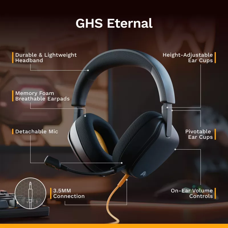Glorious Gaming Glorious GHS Eternal - Stereofoniczny zestaw słuchawkowy dla graczy na PC, PS5, PS4, Xbox, Switch - Specjalnie dostrojone kątowe przetworniki, regulowany, krystalicznie czysty odłączany mikrofon, 3,5 mm - Wytrzymały, komfort przez cały dzień i noc - Czarny
