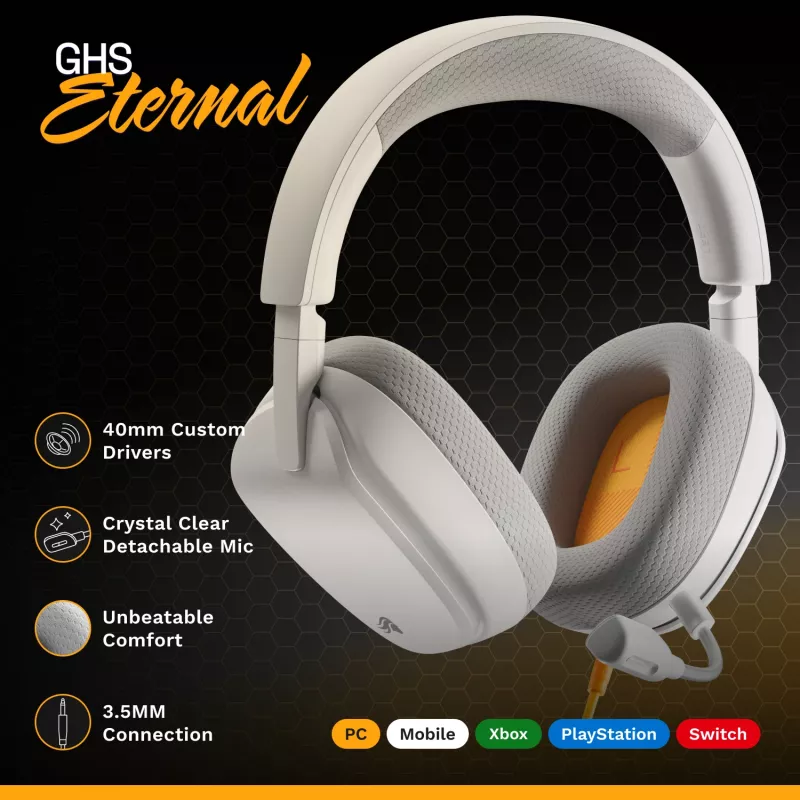 Glorious Gaming Glorious GHS Eternal - stereofoniczny zestaw słuchawkowy do gier na PC, PS5, PS4, Xbox, Switch - niestandardowo dostrojone skośne przetworniki, regulowany krystalicznie czysty odłączany mikrofon, 3.5 mm - wytrzymały, komfort przez cały dzień i noc - biały