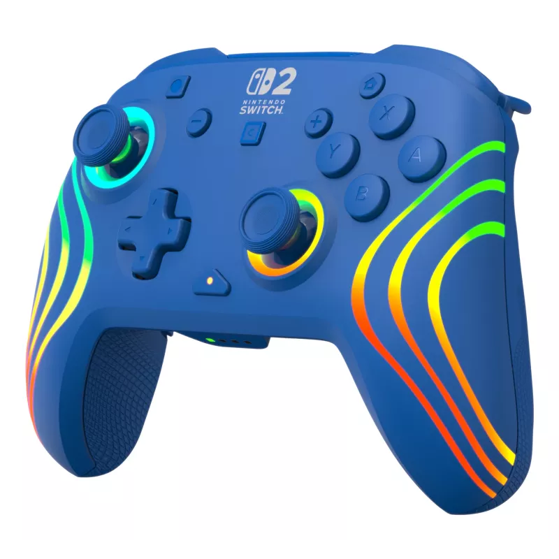 Przewodowy i bezprzewodowy gamepad Turtle Beach Afterglow Wave niebieski dla Nintendo Switch 2 — Bluetooth/USB-C, RGB, wbudowana bateria 20h, kabel 3 m